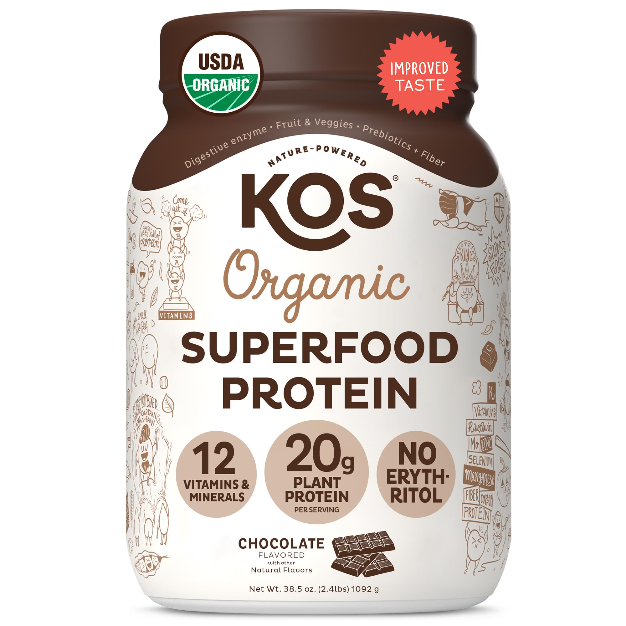 KOS Vegan Protein Powder Erythritol Free, Chocolate - Organic Pea Protein Blend, Plant Based Superfood Rich in Vitamins & Minerals - Keto, Dairy Free - Meal Replacement for Women & Men, 28 Servings